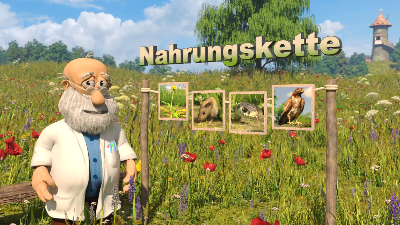 Ein animierter Wissenschaftler steht in einer blühenden Wiese vor einem Schild mit dem Wort 'Nahrungs-kette' und Bildern von Tieren.