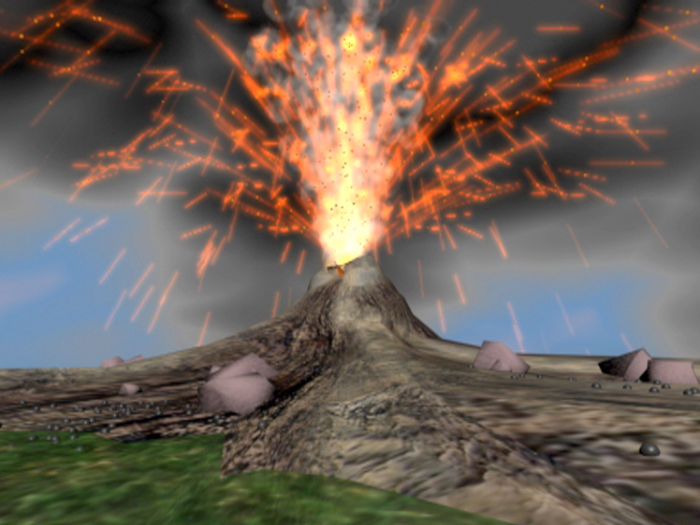 Ein Vulkan bricht aus und speit Lava und Asche in den Himmel.