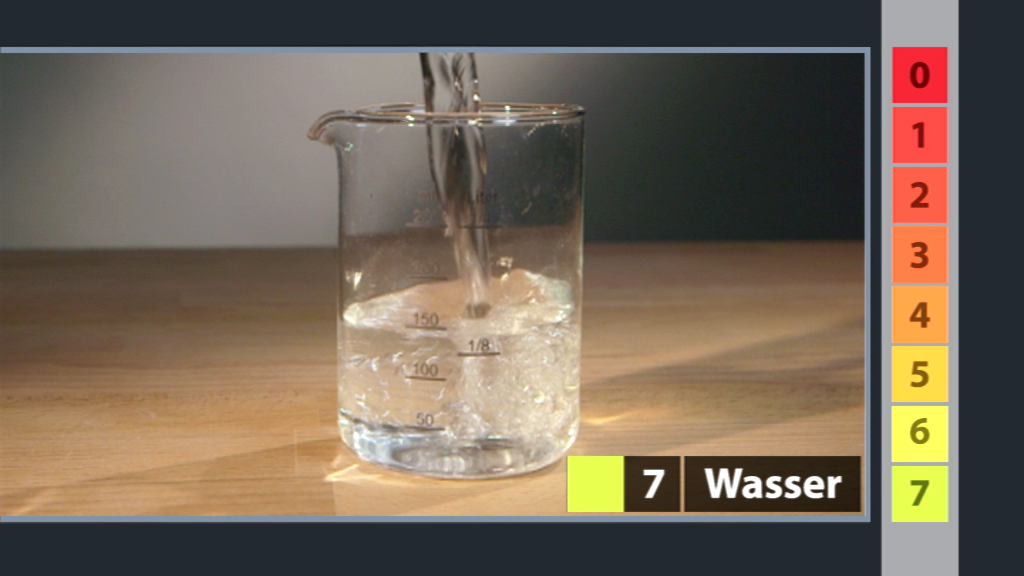 Ein Messbecher mit Wasser, das hineingegossen wird, auf einem Holztisch.