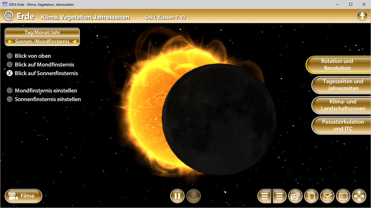 Interaktive Darstellung der Erde und Sonne mit Optionen zur Mondfinsternis und Jahreszeiten.