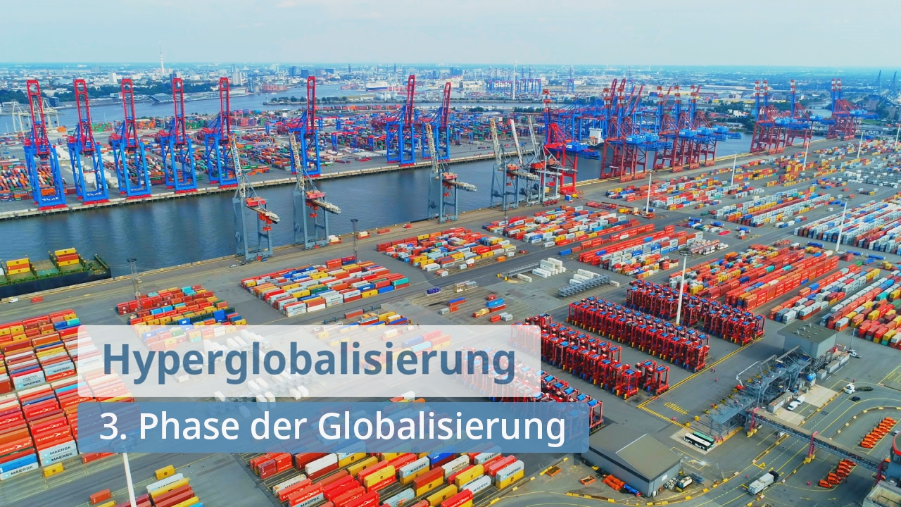 Luftaufnahme eines Containerhafens mit zahlreichen Containern und Kränen, beschriftet mit 'Hyperglobalisierung' und '3. Phase der Globalisierung'