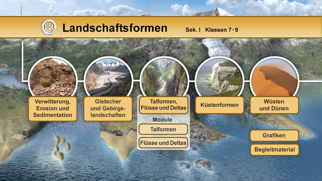 Infografik über Landschaftsformen mit Themen wie Verwitterung, Gletscherlandschaften, Talformen, Küstenformen und Wüsten.