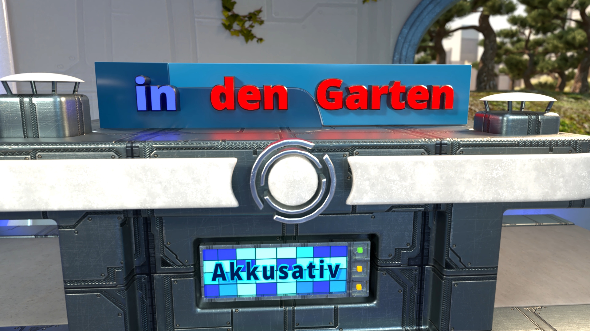 Blaues und rotes Leuchtschild mit dem Text 'in den Garten' auf einem grauen Metallgerät mit einem beleuchteten Display darunter, auf dem 'Akkusativ' steht