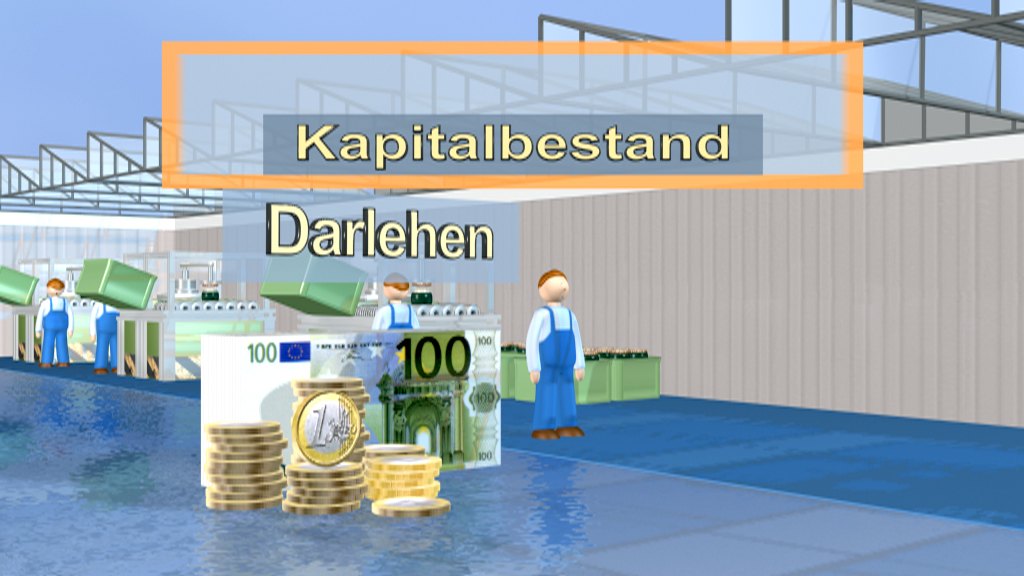 Grafik zeigt den Kapitalbestand und Darlehen mit Euro-Banknoten und Münzen im Vordergrund.