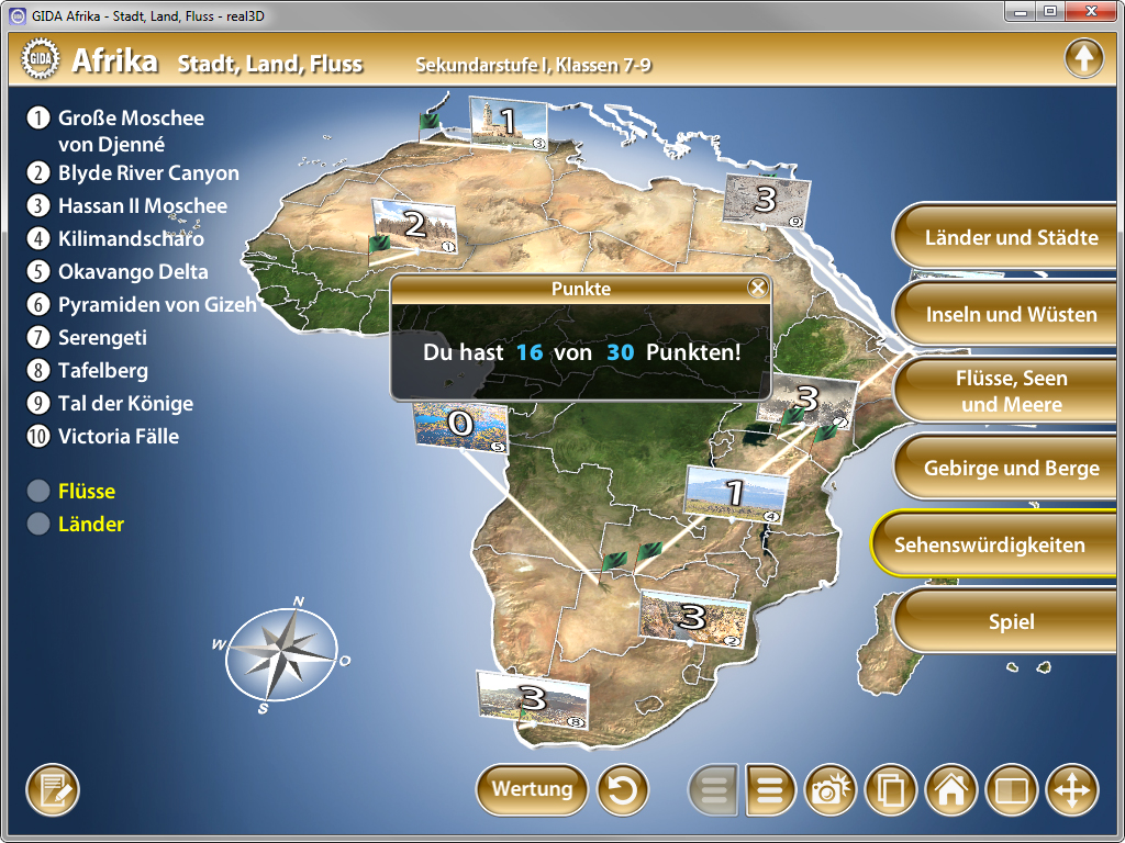 Karte von Afrika mit verschiedenen geografischen Orten und Punkten für ein Lernspiel.