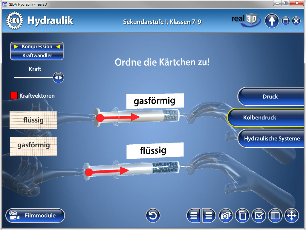 Interaktive Lernanwendung zur Hydraulik mit zwei Spritzen, die gasförmige und flüssige Zustände zeigen.