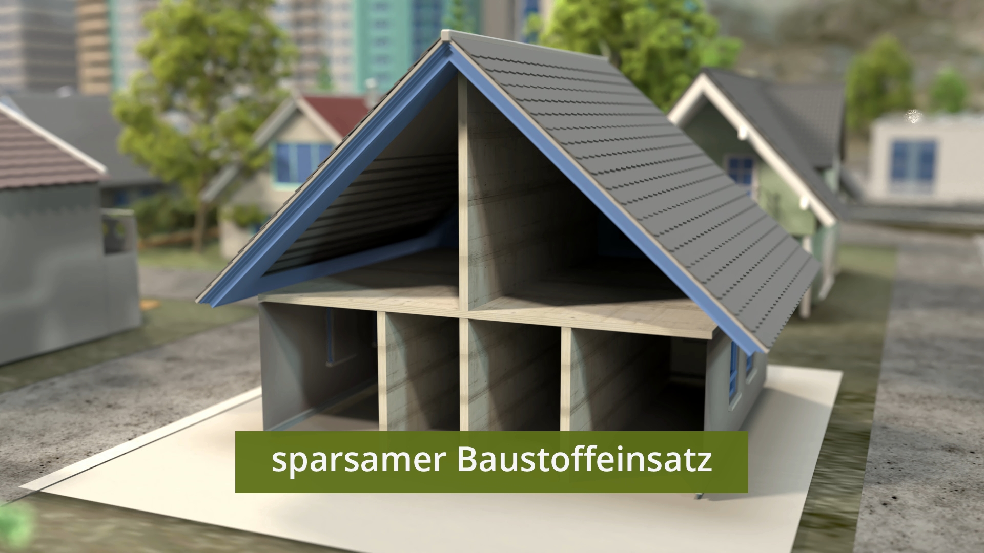 Modell eines Hauses mit sichtbarem Innenraum und grünem Textfeld mit der Aufschrift 'sparsamer Baustoffeinsatz'.