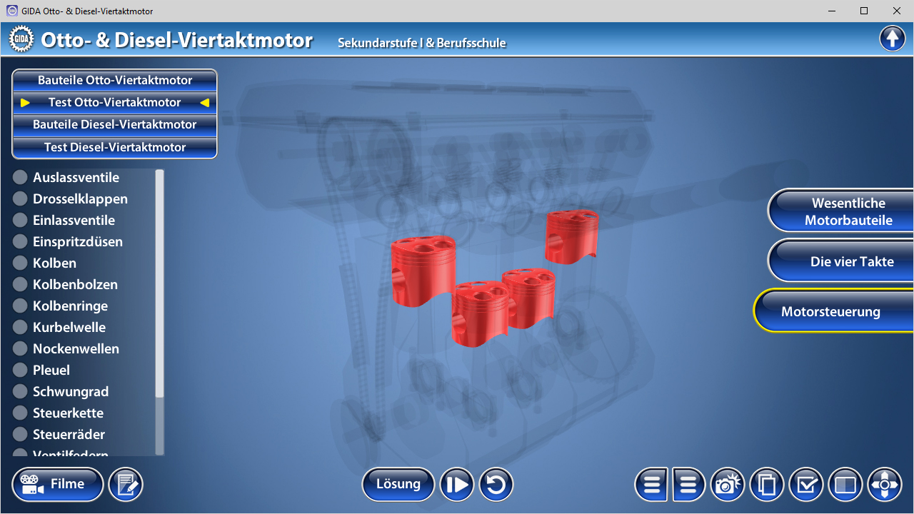 Interaktive Benutzeroberfläche zur Konstruktion und zum Test eines Otto- und Diesel-Viertaktmotors mit roten Bausteinen.