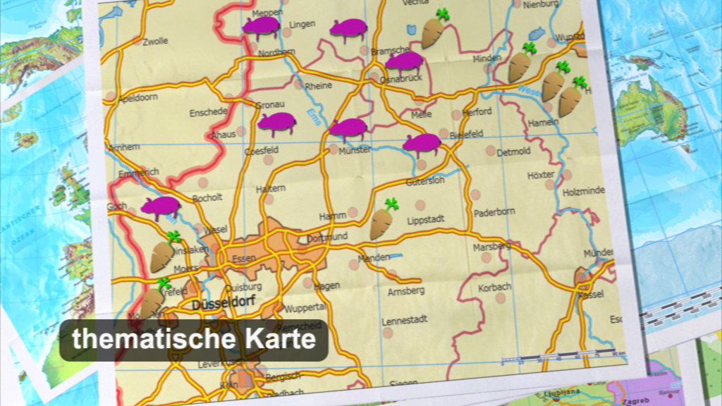 Thematische Karte mit pinken Symbolen, die verschiedene Standorte in der Umgebung von Düsseldorf markieren.