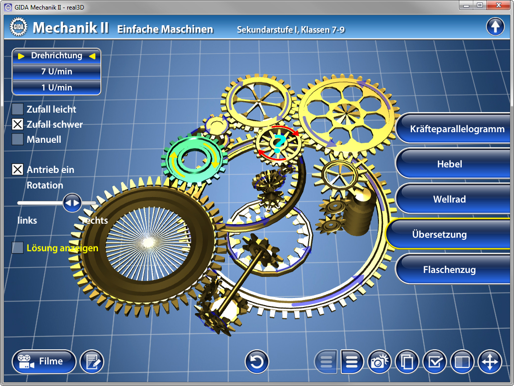 Interaktive 3D-Darstellung von einfachen Maschinen mit Zahnrädern und Antriebselementen.