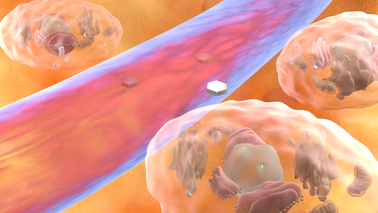 Grafik zeigt einen Blutstrom mit Zellen und Organellen im Hintergrund.