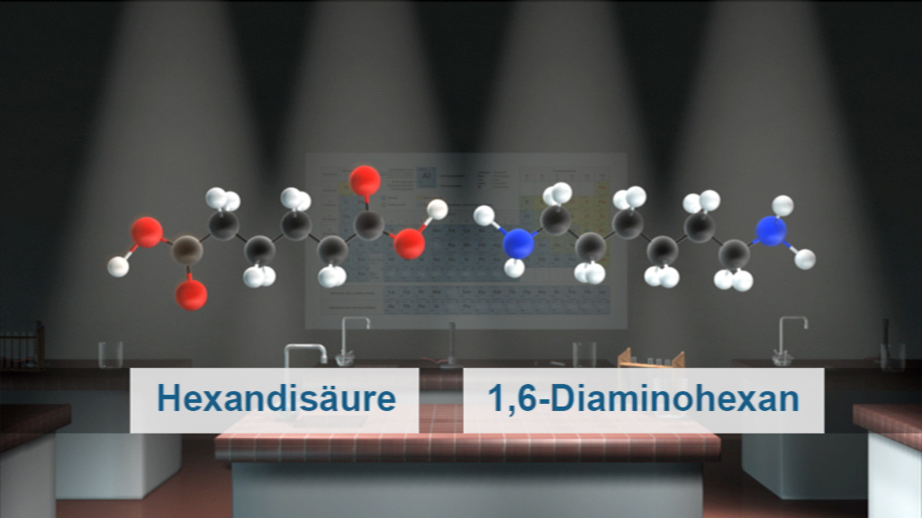 Molekülstruktur von Hexandisäure und 1,6-Diaminohexan in einem Laborumfeld.