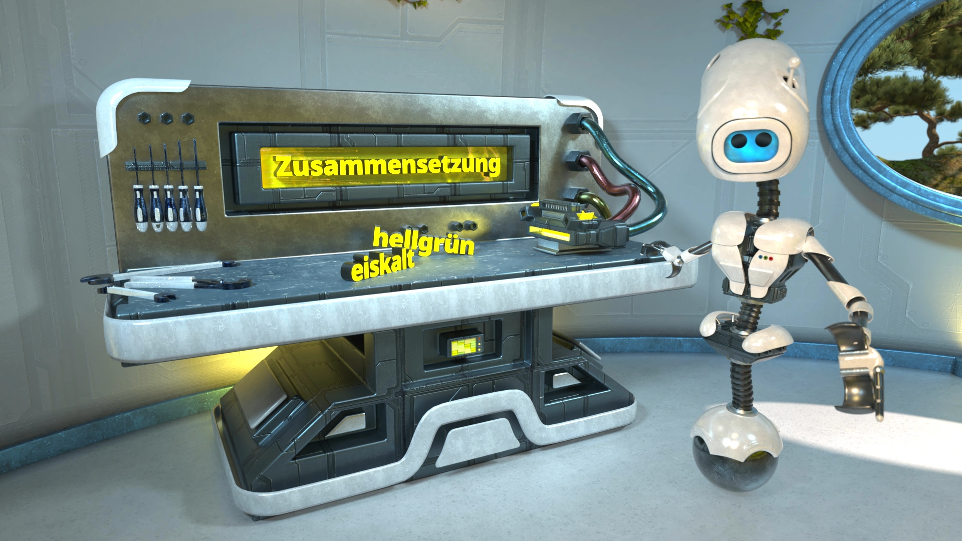 Roboter mit rundem Kopf und blau leuchtenden Augen steht neben futuristischem Gerät mit gelbem Display und gelber Beschriftung 'zusammensetzung' sowie den Worten 'hellgrün' und 'eiskalt'