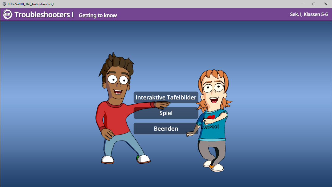 Zwei cartoonartige Figuren, die interaktive Optionen für ein Spiel präsentieren: 'Interaktive Tafelbilder', 'Spiel', 'Beenden'.
