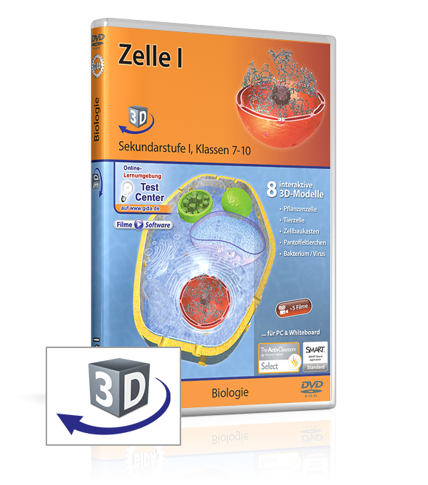 DVD-Cover für 'Zelle I', ein interaktives Biologie-Lernprogramm mit 3D-Modellen für Schüler der Klassen 7-10.