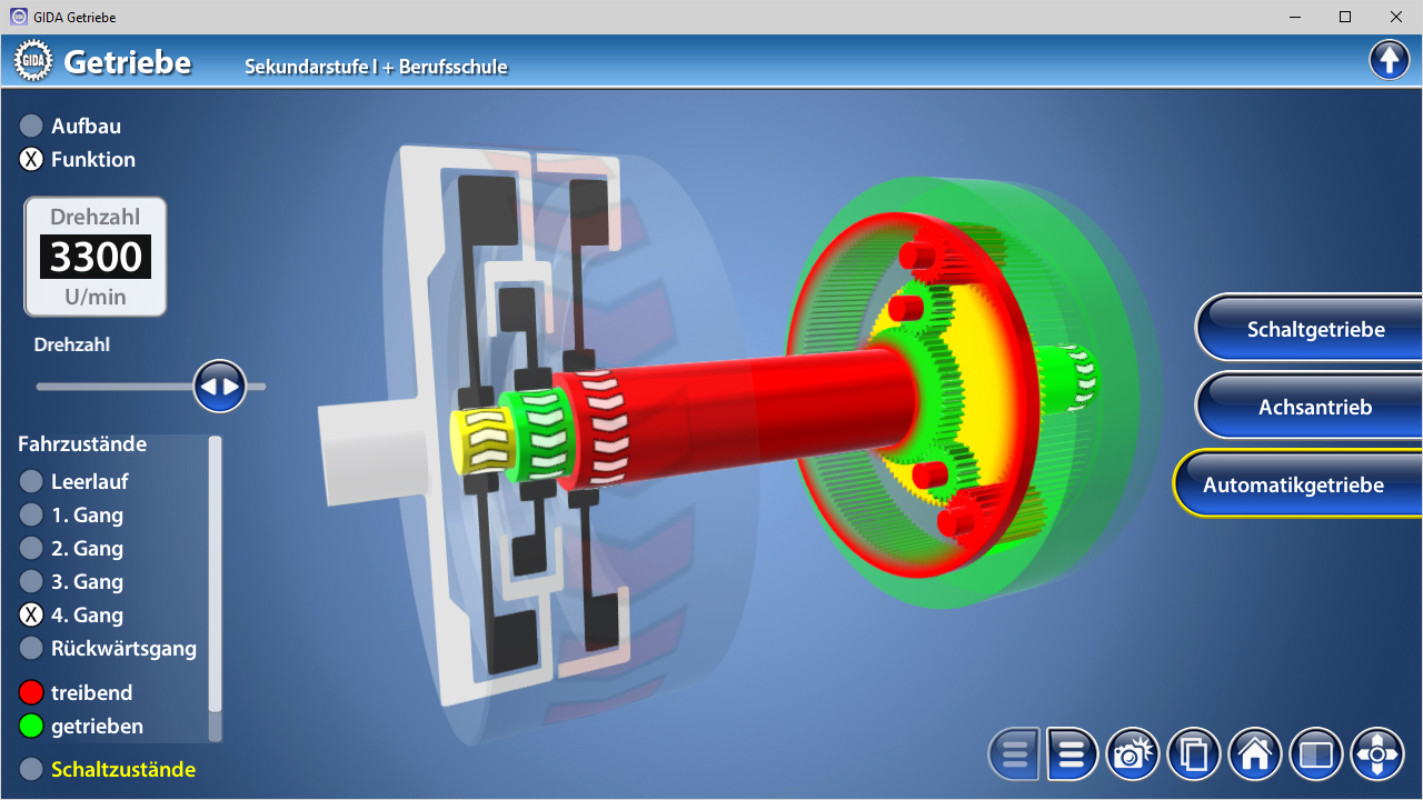 3D-Diagramm eines Getriebes mit farbigen Komponenten zur Darstellung von Aufbau und Funktion.