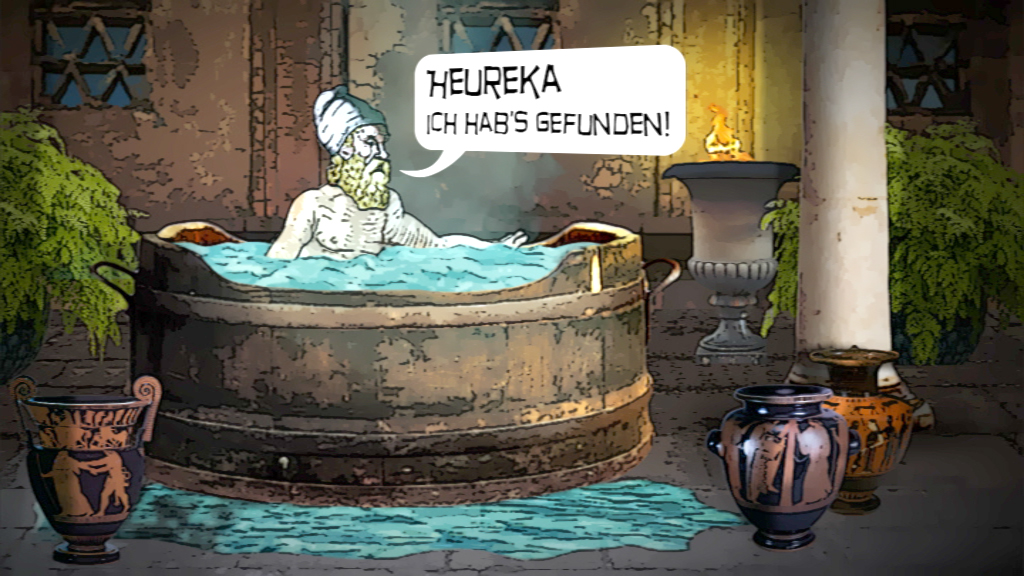 Ein antiker Wissenschaftler sitzt in einer Badewanne und ruft 'Heureka, ich hab's gefunden!'