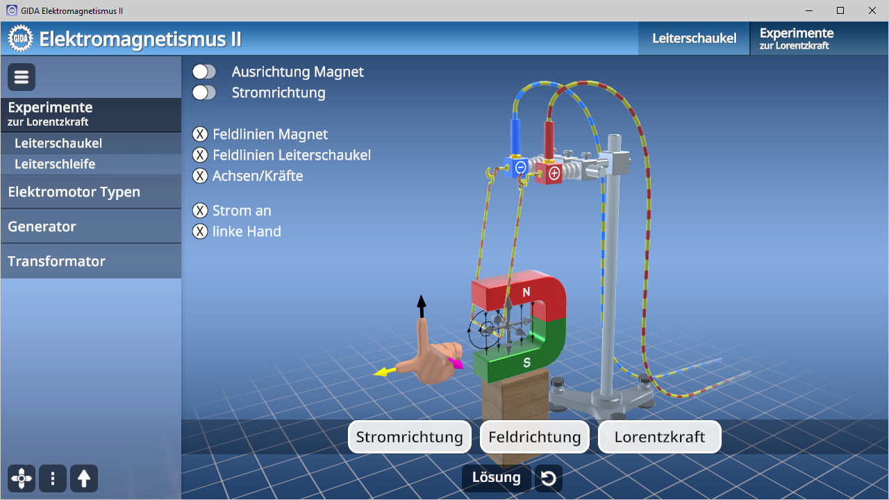 Interaktive Simulation des Elektromagnetismus mit Magneten, Stromrichtung und Lorentzkraft.