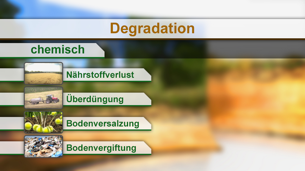 Infografik über chemische Degradation mit vier Hauptpunkten: Nährstoffverlust, Überdüngung, Bodenversalzung und Bodenvergiftung.