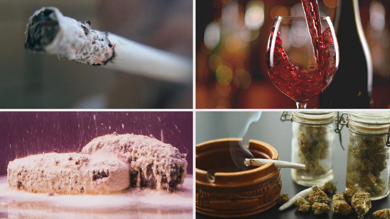 Eine Collage mit vier Bildern: eine glühende Zigarette, Rotwein, der in ein Glas gegossen wird, eine mit Zucker überzogene Süßigkeit und eine Tasse mit einer Zigarette und Kräutern.