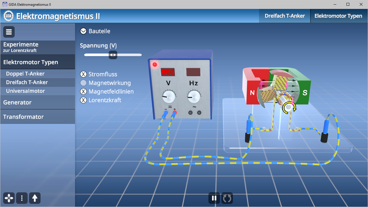 Interaktive Simulation zum Elektromagnetismus mit einem Elektromotor, Spannungsanzeige und verschiedenen Experimenten.