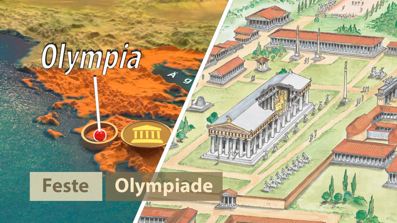 Karte von Olympia mit Markierung und Illustration der antiken Stätte, einschließlich Tempel und Sportanlagen.