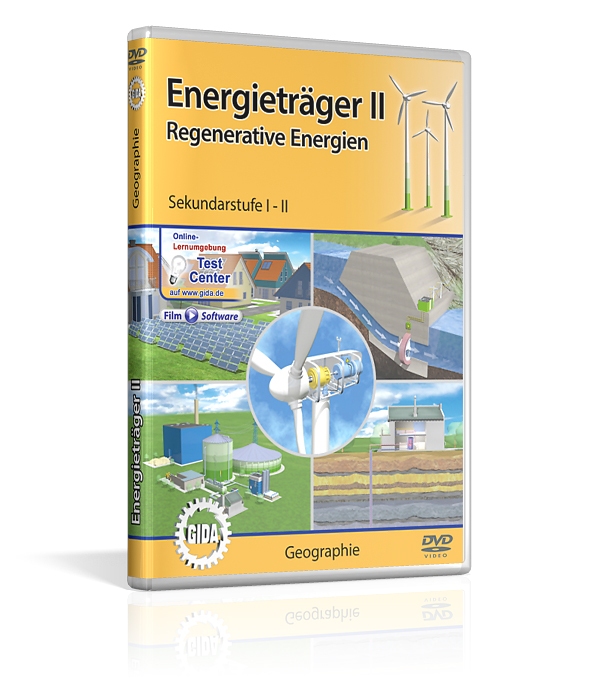 Energieträger II - Regenerative Energien DVD-Cover für 'Energieträger II: Regenerative Energien' mit Grafiken von Windkraftanlagen und anderen erneuerbaren Energiequellen.