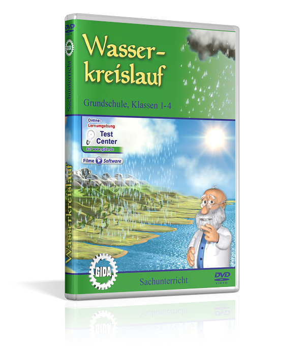 DVD-Cover zum Thema Wasserkreislauf für Grundschule, mit einem älteren Mann und Regenillustration.