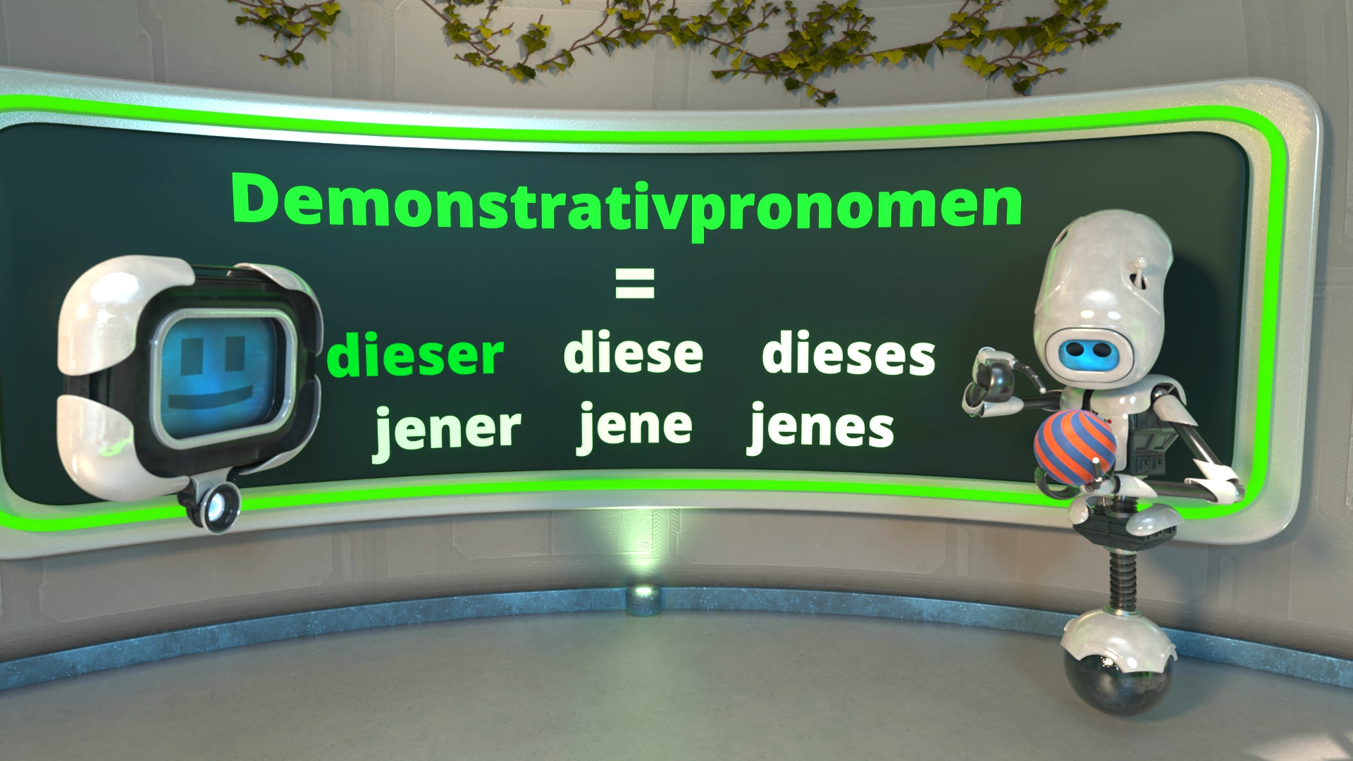 Zwei futuristische Roboter vor einer großen Tafel mit der Überschrift 'Demonstrativpronomen' und den Formen 'dieser, diese, dieses, jener, jene, jenes'