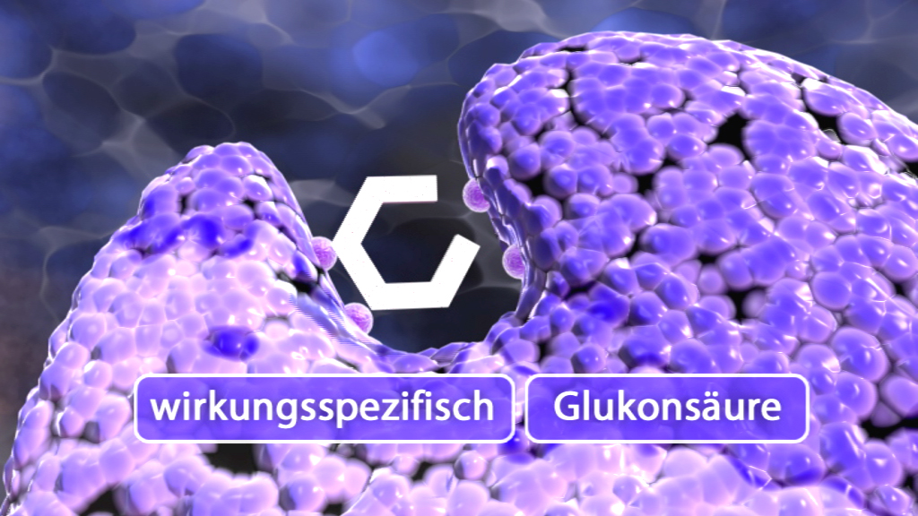 Mikroskopische Darstellung von Zellen mit den Begriffen 'wirkungsspezifisch' und 'Glukonsäure' in der Mitte.