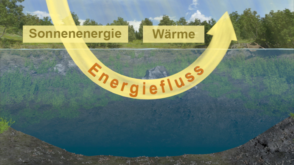 Diagramm, das den Energiefluss von Sonnenenergie und Wärme in einem natürlichen System zeigt.