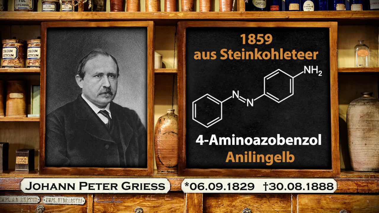 Porträt von Johann Peter Griess mit chemischer Strukturformel von 4-Aminoazobenzol (Anilingelb) und Jahreszahlen.