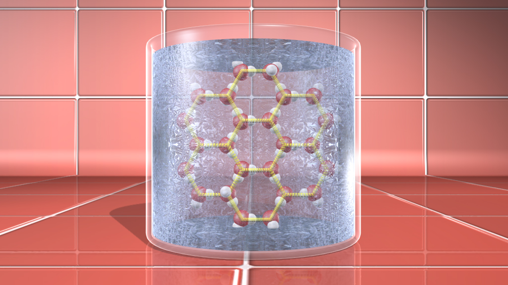 3D-Darstellung eines Moleküls in einem Behälter, umgeben von Wasserstoff- und Sauerstoffatomen.