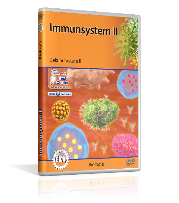 DVD-Cover für 'Immunssystem II', zeigt verschiedene Zellen und Mikroben, geeignet für den Biologieunterricht.