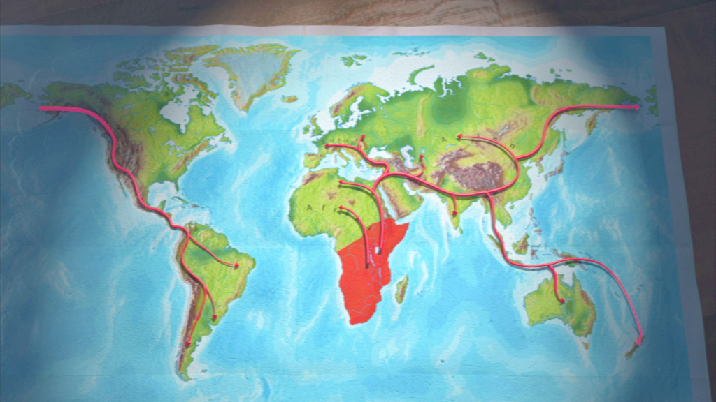 Weltkarte mit roten Linien, die verschiedene Routen oder Verbindungen darstellen, Afrika in rot hervorgehoben.