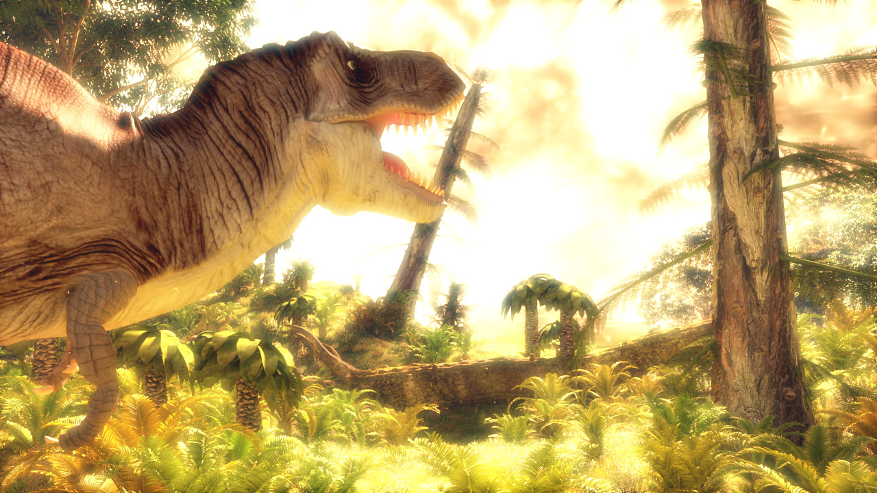 Ein Tyrannosaurus Rex steht in einer prähistorischen Landschaft mit üppiger Vegetation und einem hellen, nebligen Hintergrund.