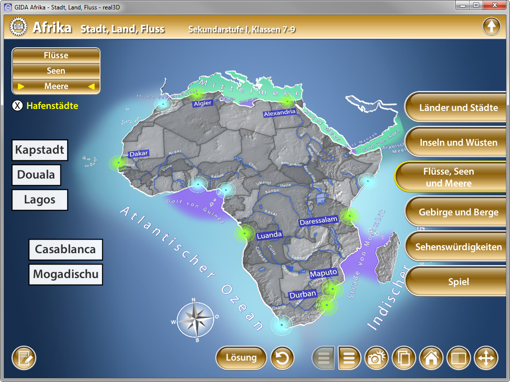 Karte von Afrika mit markierten Städten, Flüssen und Meeren, einschließlich Hafenstädte.