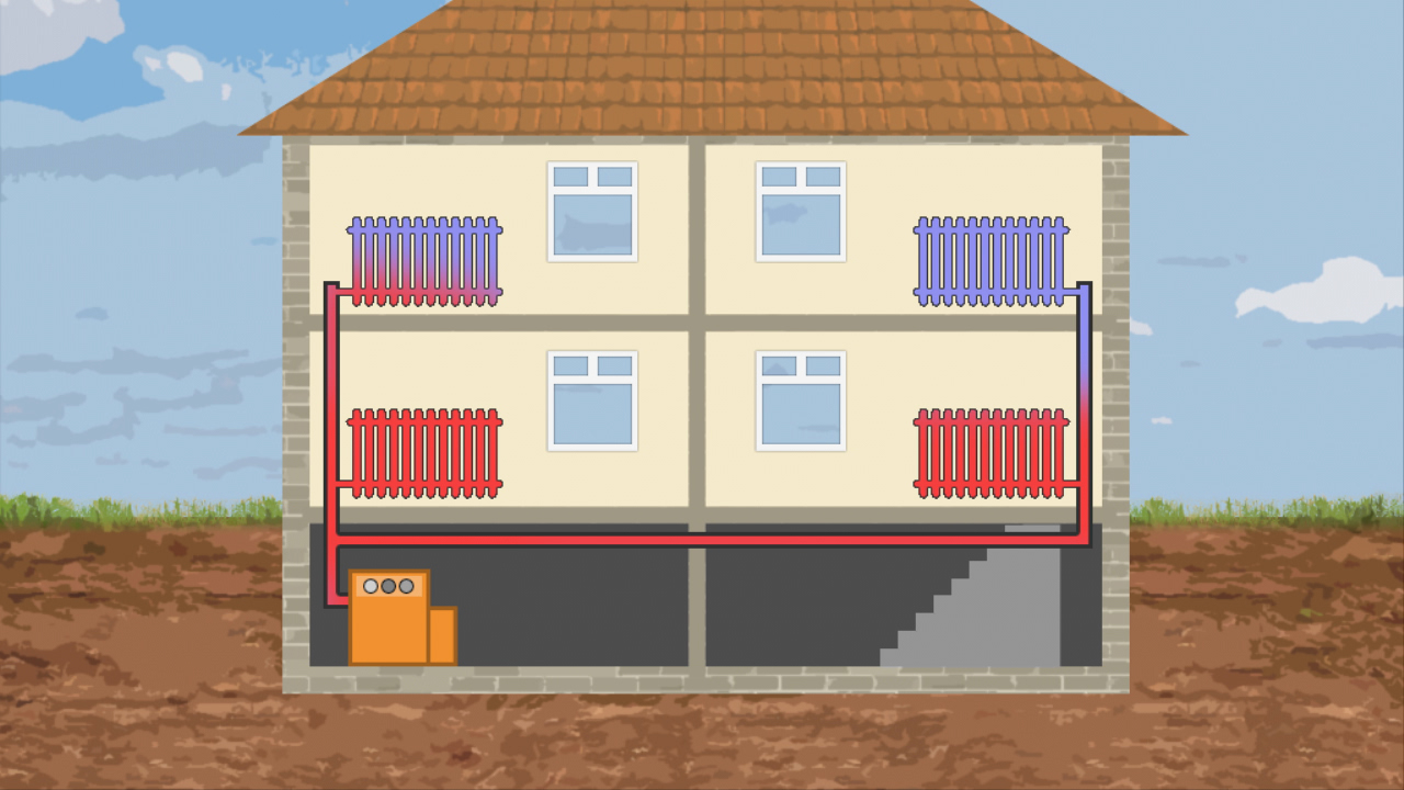 Schematische Darstellung eines Hauses mit Heizungsrohren und Heizkörpern in Rot und Blau.