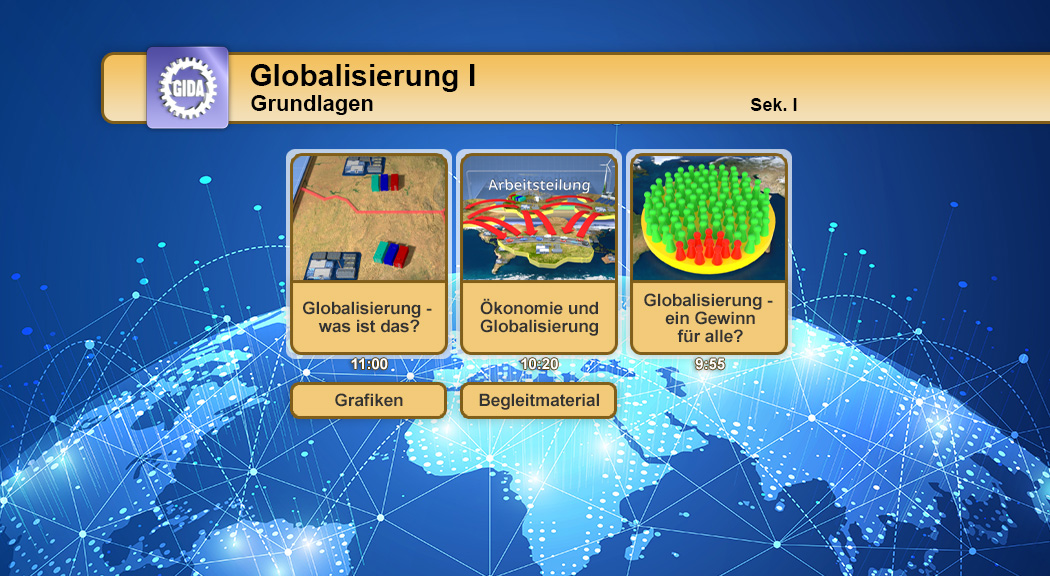 Drei Informationskarten zur Globalisierung: 'Globalisierung - was ist das?', 'Ökonomie und Globalisierung', 'Globalisierung - ein Gewinn für alle?'.
