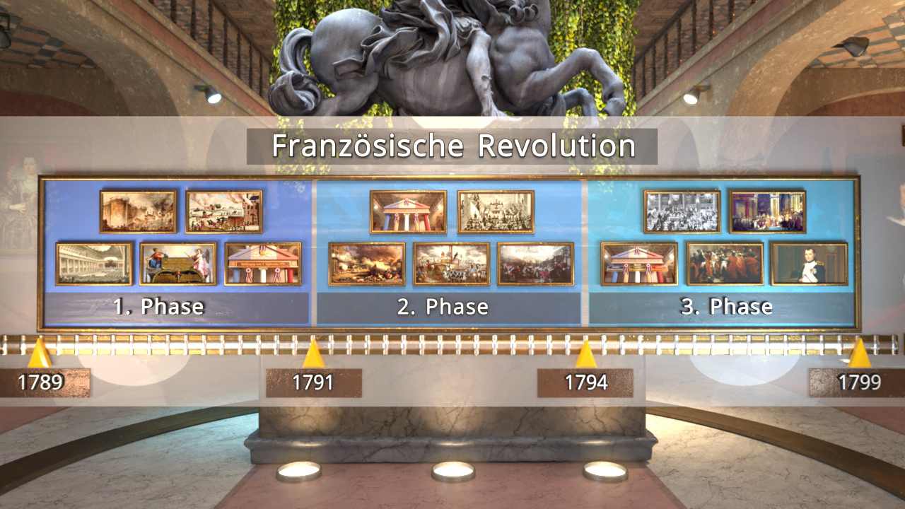 Infografik zur Französischen Revolution mit drei Phasen, datiert von 1789 bis 1799, mit Bildern und Beschreibungen der Ereignisse.