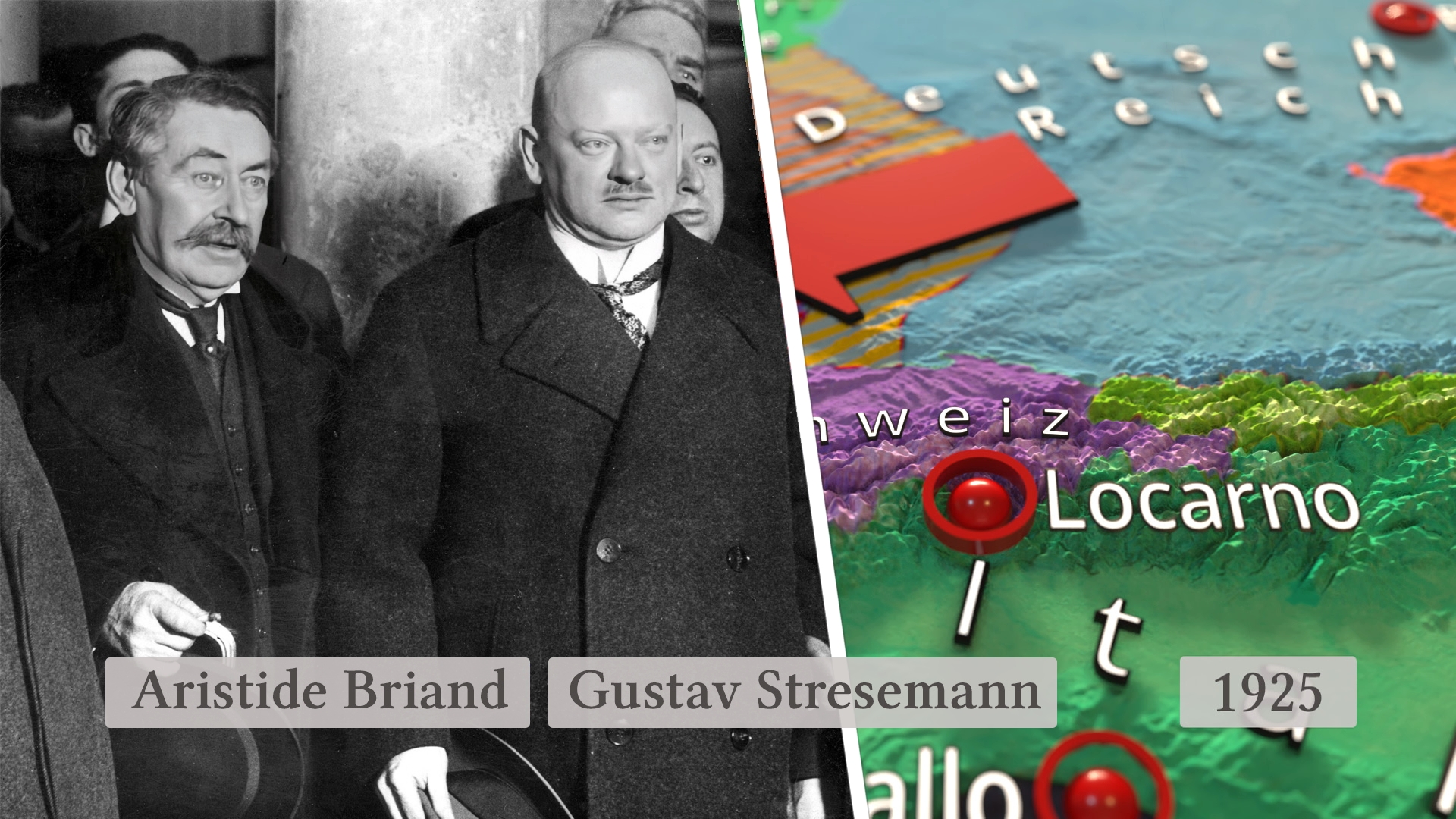 Aristide Briand und Gustav Stresemann stehen 1925 zusammen, mit einer Karte von Europa im Hintergrund, die den Locarno-Pakt zeigt.