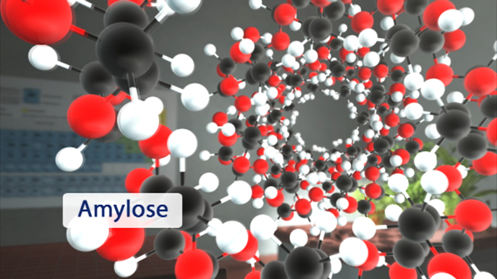 3D-Darstellung der Amylose-Molekülstruktur mit roten, schwarzen und weißen Atomen.