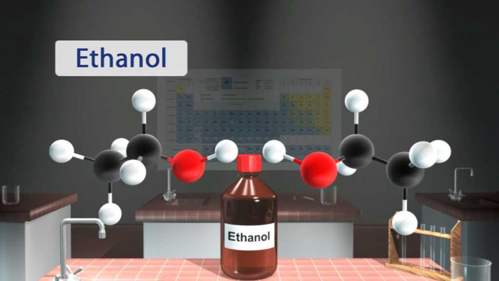 3D-Darstellung eines Ethanolmoleküls mit einer Flasche, die 'Ethanol' beschriftet ist.