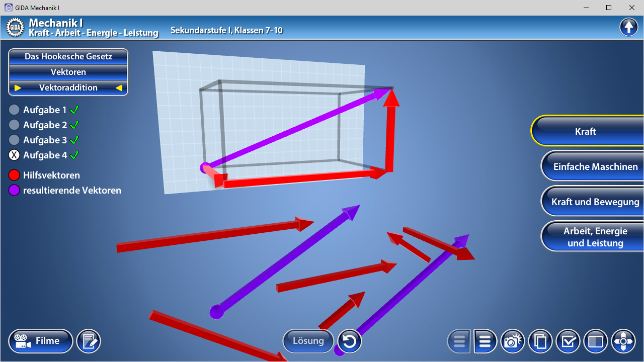 Grafik zur Vektorkoordination in der Mechanik, zeigt Kräfte in verschiedenen Richtungen mit roten und lila Pfeilen.