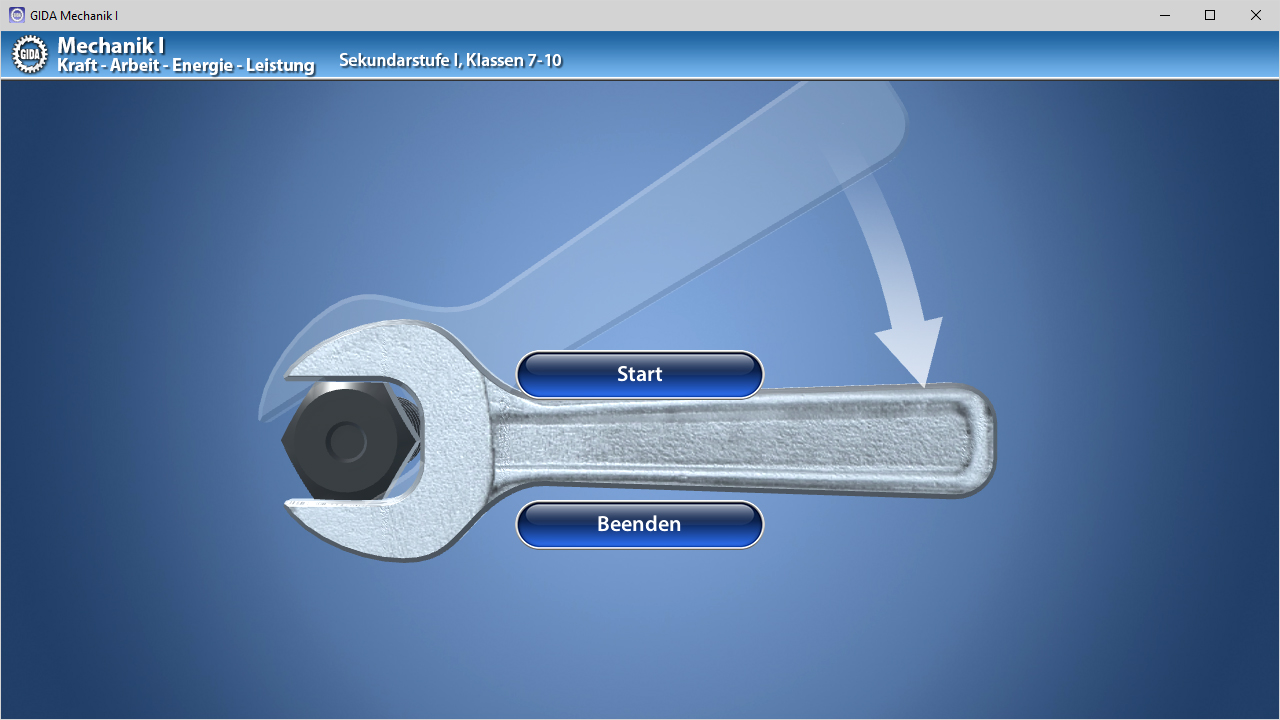 Menü der Software "Mechanik I – Kraft – Arbeit – Energie – Leistung".