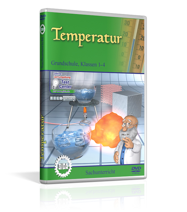 DVD-Cover für das Filmpaket 'Temperatur' für Grundschulen, Klassen 1-4, mit einem Wissenschaftler und Experimenten.