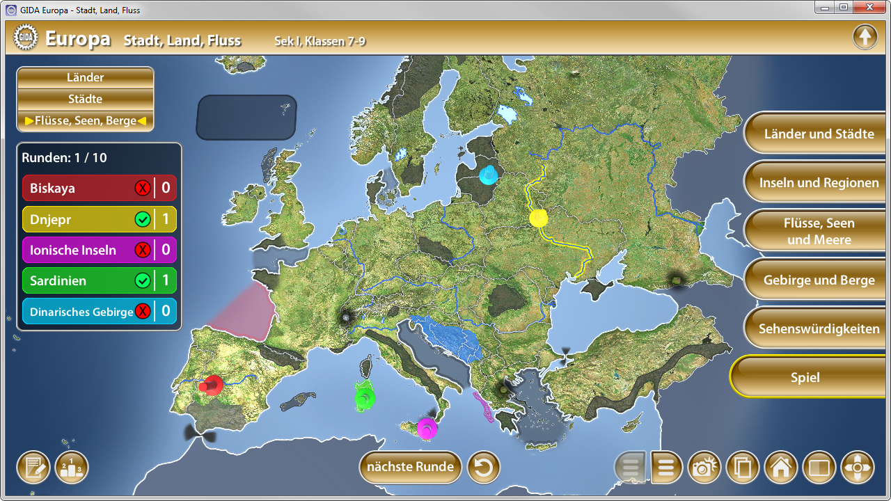 Interaktive Karte von Europa mit Ländern, Städten und Flüssen, Spieloptionen für die Klassen 7.