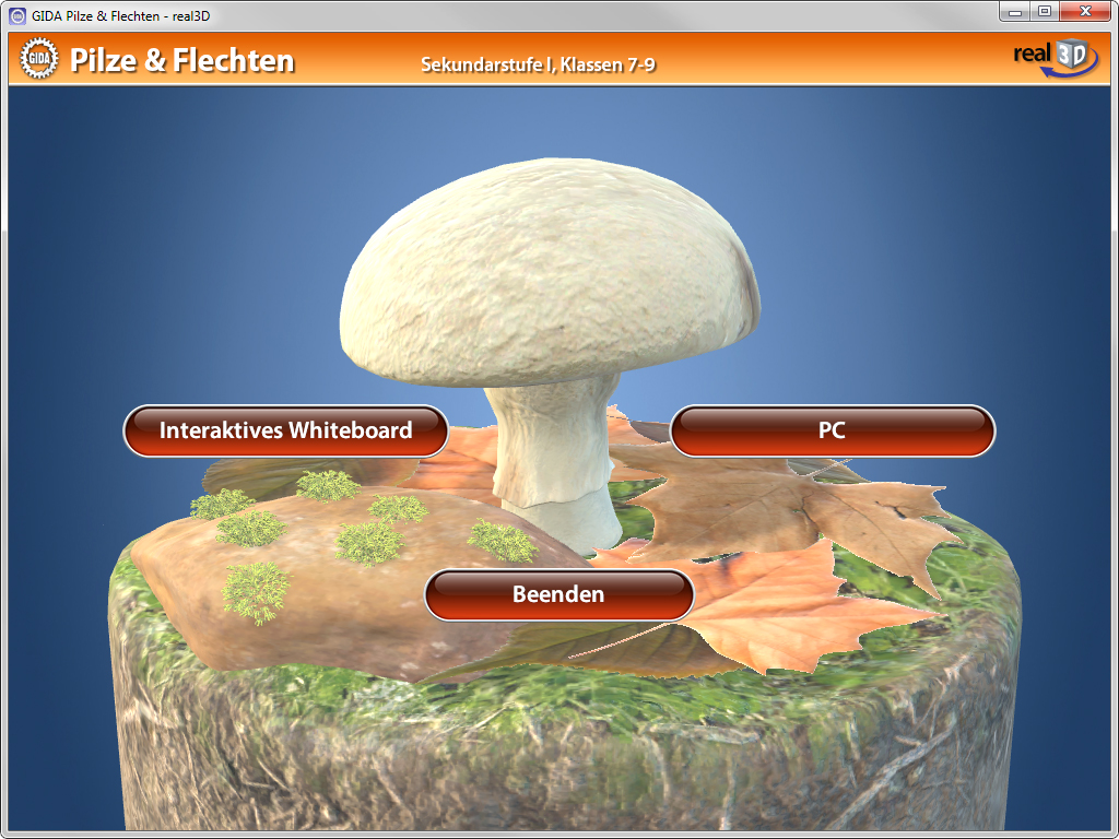 3D-Darstellung eines Pilzes auf einem Baumstumpf mit Blättern, Optionen für interaktives Whiteboard, PC und Beenden.