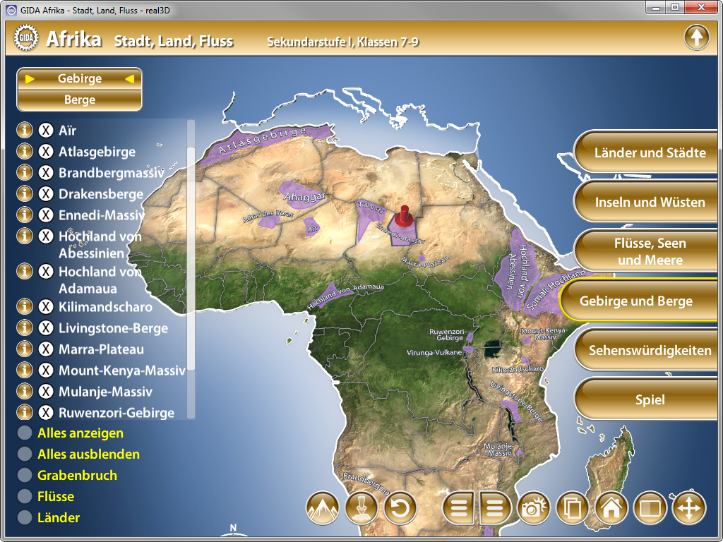 Karte von Afrika mit Gebirgen, Flüssen und Ländern, interaktive Elemente zur Auswahl von Informationen.