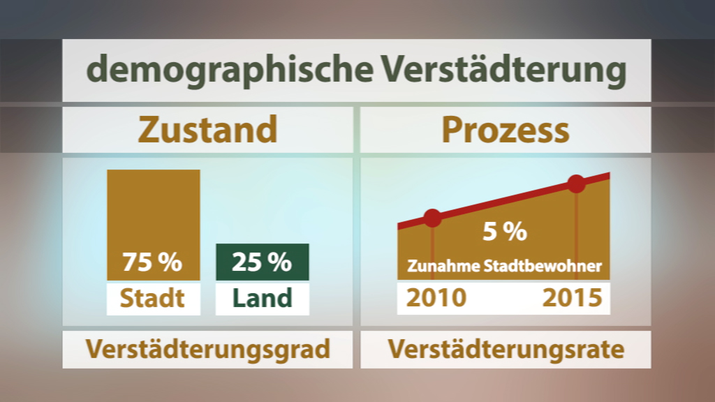 Diagramm zur demografischen Verstädterung: 75% Stadt und 25% Land, mit einer Zunahme der Stadtbewohner von 5% zwischen 2010 und 2015.
